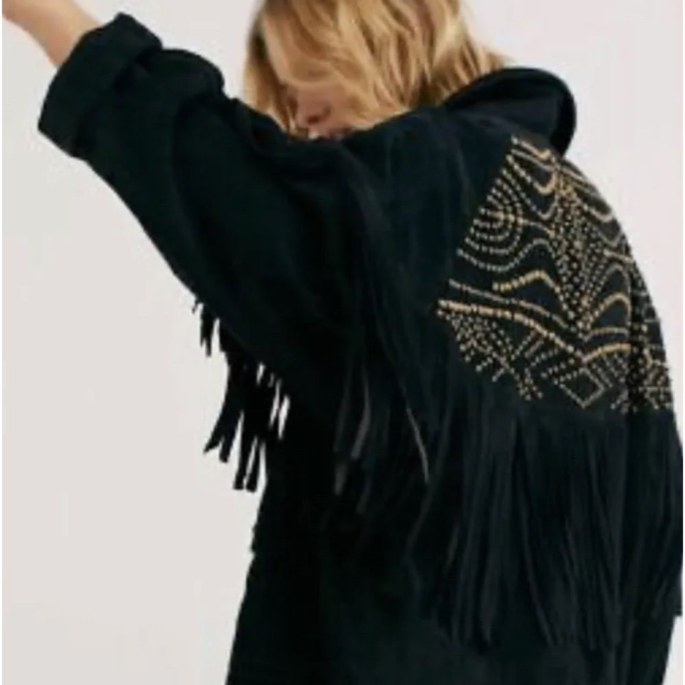 Free People The Lucky Ones Suede Jacket Fringed Studded Snap Front Black - Picture 1 of 7